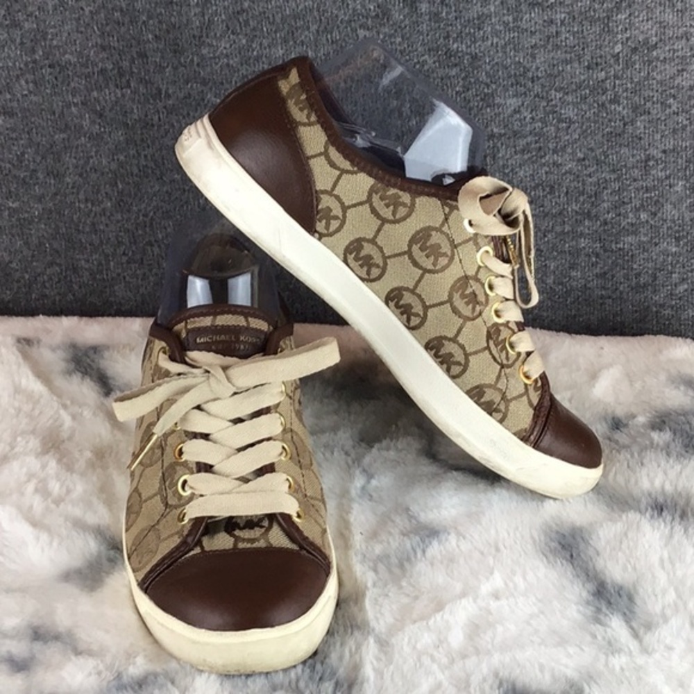 Michael Kors MK City Monogram Sneakers in Brown and‎ Cream Sz 8 M